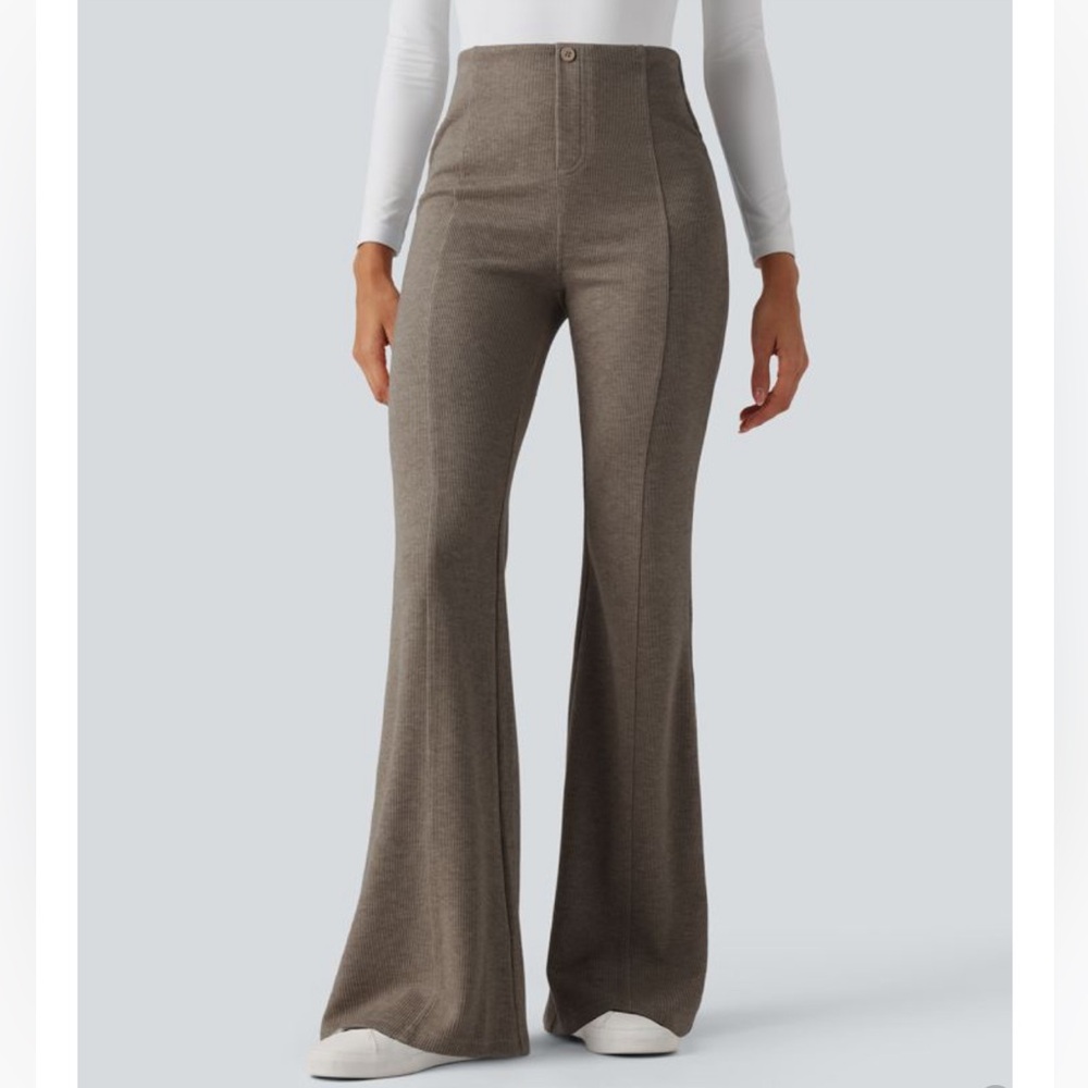 Nwt Ribbed Knit Crossover High Waisted Pocket Casual Flare Pants
